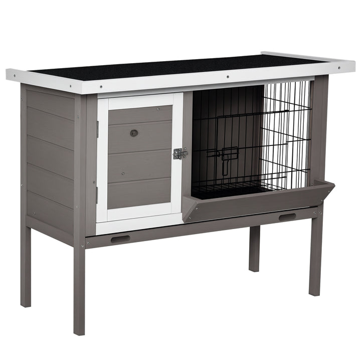 Coelheira de Madeira Exterior Gaiola Elevada para Coelhos Cobaias Animais Pequenos com Teto Asfáltico Abatível Comedouro Bandejas Removíveis e 2 Portas 91x46x71cm Cinza