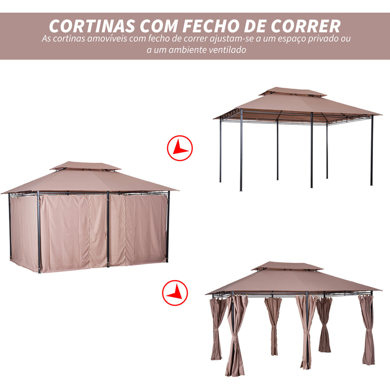 Pérgola de Jardim 3x4 m Pérgola de Exterior com Paredes Laterais Teto Duplo 6 Portas com Fecho de Correr e 8 Orifícios de Drenagem para Pátio Jardim Marrom