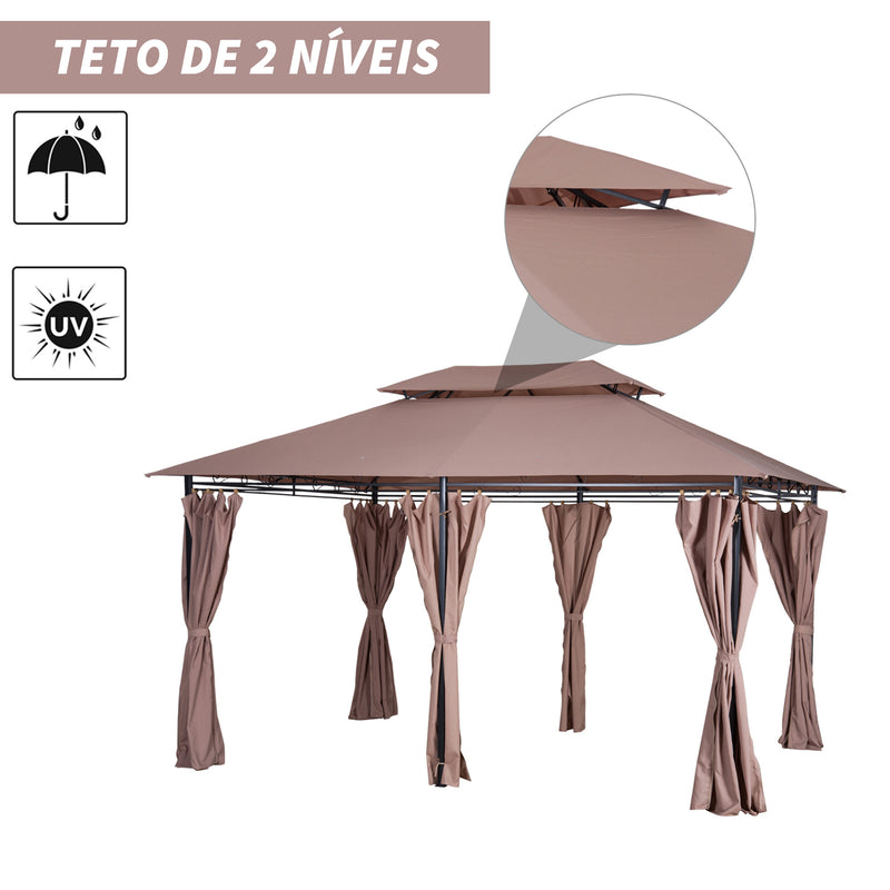 Pérgola de Jardim 3x4 m Pérgola de Exterior com Paredes Laterais Teto Duplo 6 Portas com Fecho de Correr e 8 Orifícios de Drenagem para Pátio Jardim Marrom