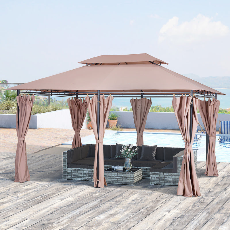 Pérgola de Jardim 3x4 m Pérgola de Exterior com Paredes Laterais Teto Duplo 6 Portas com Fecho de Correr e 8 Orifícios de Drenagem para Pátio Jardim Marrom