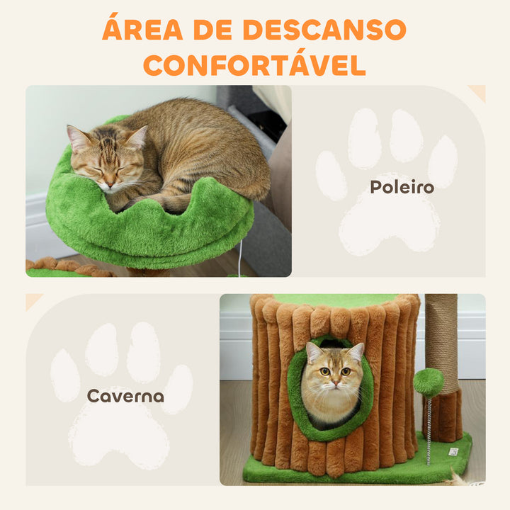 Arranhador para Gatos 53 cm Design de Tronco Torre Escaladora com Cama Caverna Poste de Juta Bolas Penduradas Castanho e Verde
