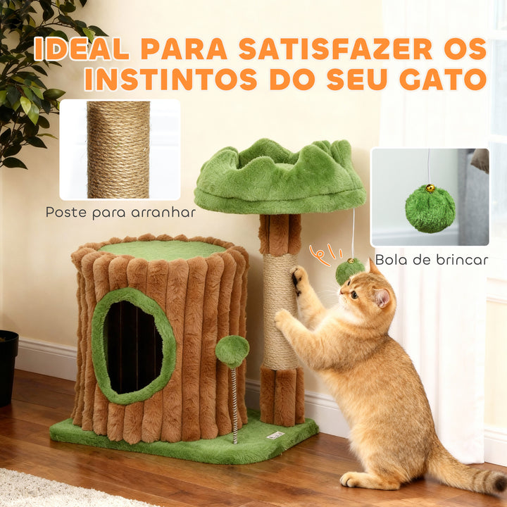 Arranhador para Gatos 53 cm Design de Tronco Torre Escaladora com Cama Caverna Poste de Juta Bolas Penduradas Castanho e Verde