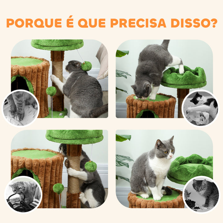 Arranhador para Gatos 53 cm Design de Tronco Torre Escaladora com Cama Caverna Poste de Juta Bolas Penduradas Castanho e Verde