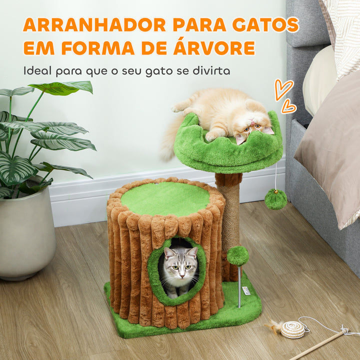Arranhador para Gatos 53 cm Design de Tronco Torre Escaladora com Cama Caverna Poste de Juta Bolas Penduradas Castanho e Verde