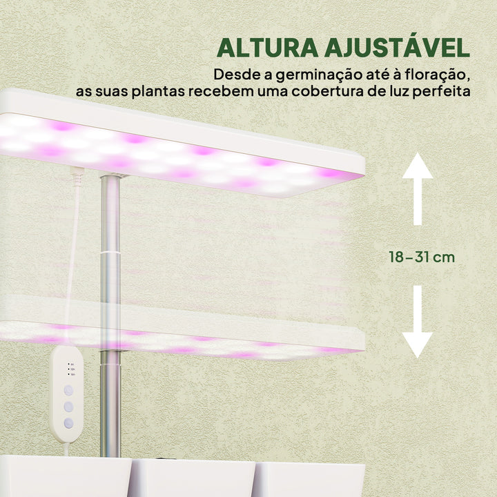 Luz de Crescimento com 30 LED de Espectro Completo Ajustável em Altura com Temporizador Automático 8/12/16/24H 5 Níveis de Brilho e 3 Vasos para Estufa Jardim 31,8x13,4x18,6-35,6 cm Branco