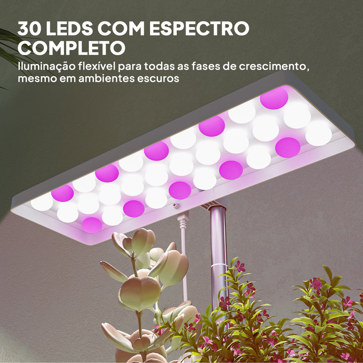 Luz de Crescimento com 30 LED de Espectro Completo Ajustável em Altura com Temporizador Automático 8/12/16/24H 5 Níveis de Brilho e 3 Vasos para Estufa Jardim 31,8x13,4x18,6-35,6 cm Branco