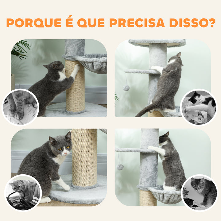 Arranhador para Gatos 103,5 cm Torre para Gatos com Cama Rede Plataforma Poste de Sisal Extra Grosso Bola Pendurada Cinza Claro