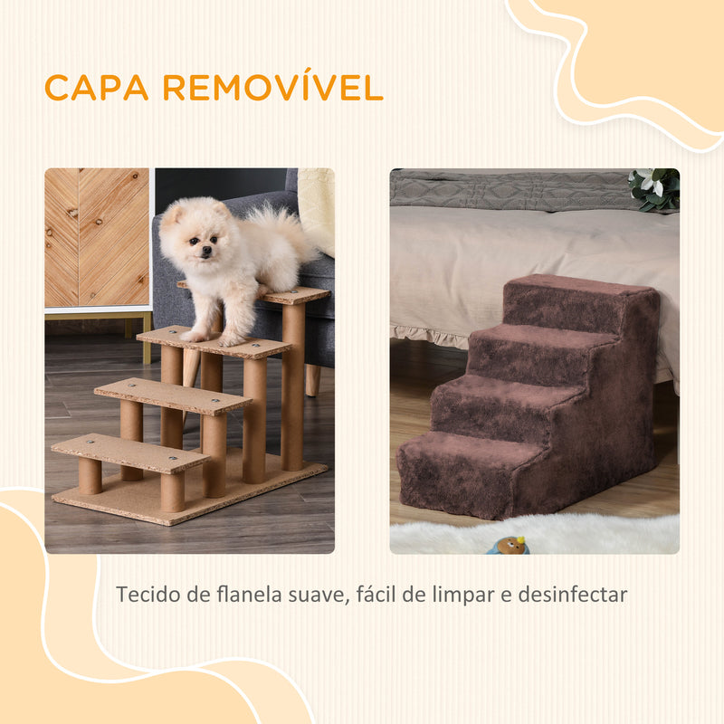 Escada para Animais de Estimação com 4 Degraus 2 em 1 com Capa Removível e Lavável Escada para Cães Gatos Carga 30kg 60x35x44 cm Marrom