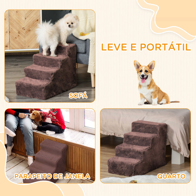 Escada para Animais de Estimação com 4 Degraus 2 em 1 com Capa Removível e Lavável Escada para Cães Gatos Carga 30kg 60x35x44 cm Marrom