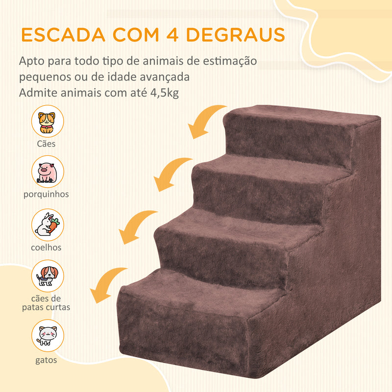 Escada para Animais de Estimação com 4 Degraus 2 em 1 com Capa Removível e Lavável Escada para Cães Gatos Carga 30kg 60x35x44 cm Marrom