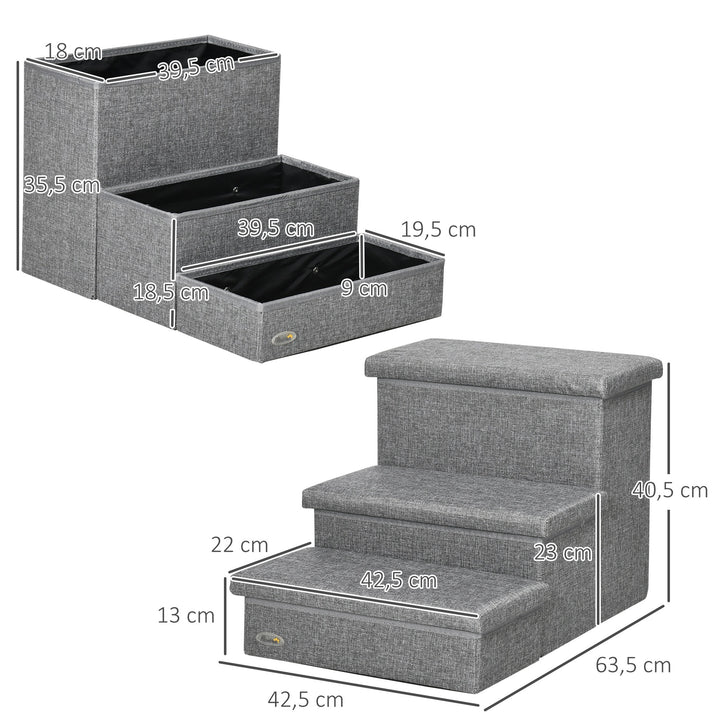 Escada para Animais de Estimação com 3 Degraus para Cães Gatos com Espaço de Armazenamento 63,5x42,5x40,5 cm Cinza