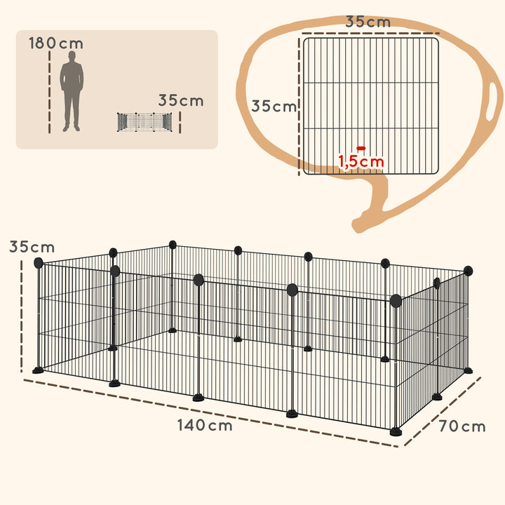 Recinto de Metal para Animais de Estimação Recinto Metálico com 12 Painéis para Pequenos Animais Desmontável DIY 140x70x35 cm Preto