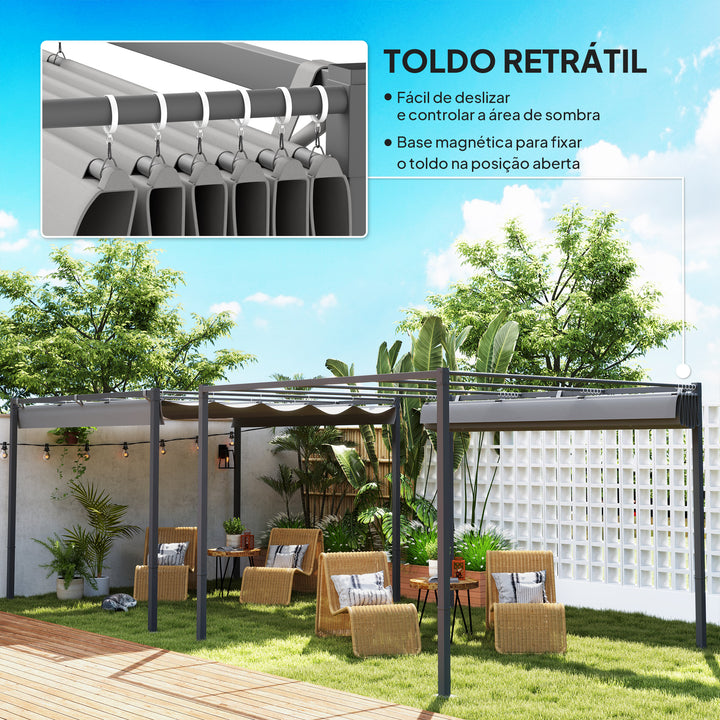 Pérgola com Telhado Retrátil Pérgola de 3x3 m Pérgola de Parede ou Independente com Fecho Magnético Proteção UV30+ Pérgola para Jardim Terraço Exterior Cinzento