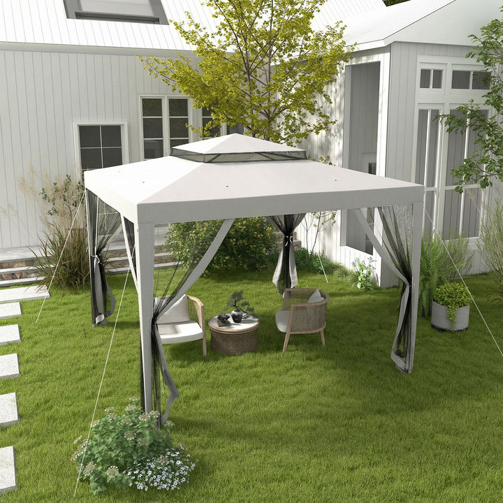 Pérgola de Jardim 297x297x268 cm Pérgola com 4 Redes Mosquiteiras Laterais com Fecho de Correr Teto de Ventilação e 8 Orifícios de Drenagem Pérgola para Terraço Pátio Exterior Cinza