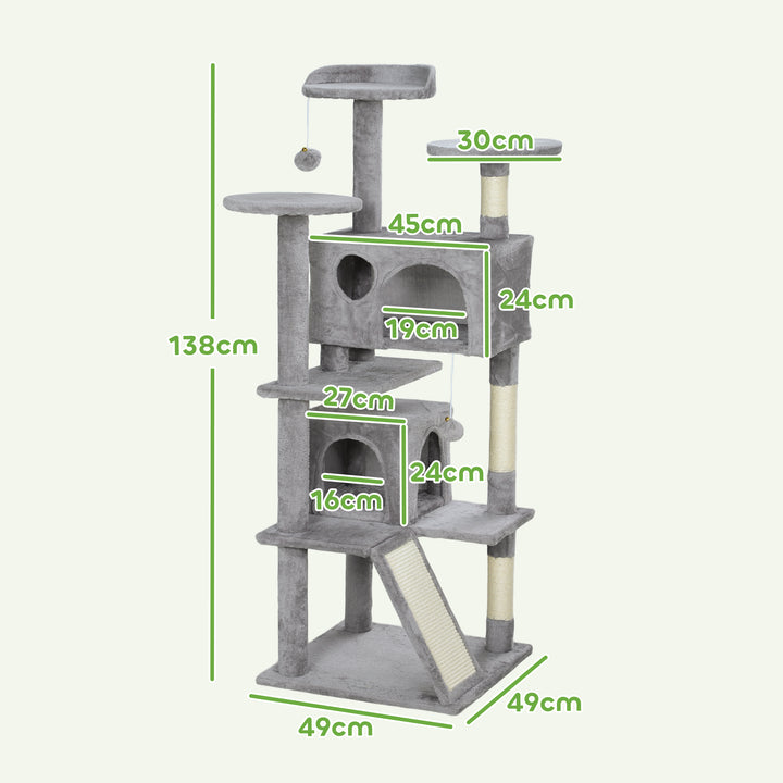 Arranhador para Gatos Altura 138 cm Arranhador para Gatos Torre de Escalada com Postes Arranhadores de Sisal Plataformas Cavernas Bolas Pendentes e Redes Cinza Claro