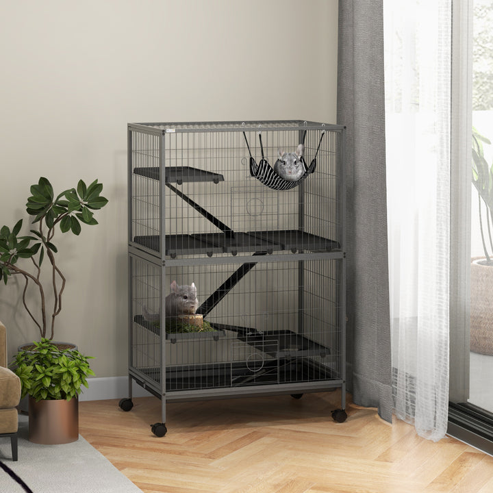 Gaiola para Roedores 80x52x128 cm Casa de 4 Alturas com Rampas Suspensa Rede Bandeja Removível Rodas Portas Cinza Prateado