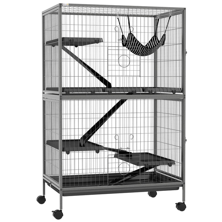 Gaiola para Roedores 80x52x128 cm Casa de 4 Alturas com Rampas Suspensa Rede Bandeja Removível Rodas Portas Cinza Prateado