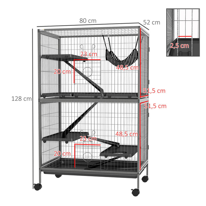 Gaiola para Roedores 80x52x128 cm Casa de 4 Alturas com Rampas Suspensa Rede Bandeja Removível Rodas Portas Cinza Prateado