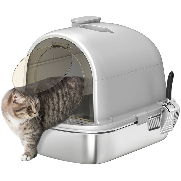 Caixa de Areia para Gatos em Aço Inoxidável com Tampa Caixa de Areia com Bolsa Desodorizante e Pá Fácil de Limpar 52,4x41,3x39,9 cm Cinzento