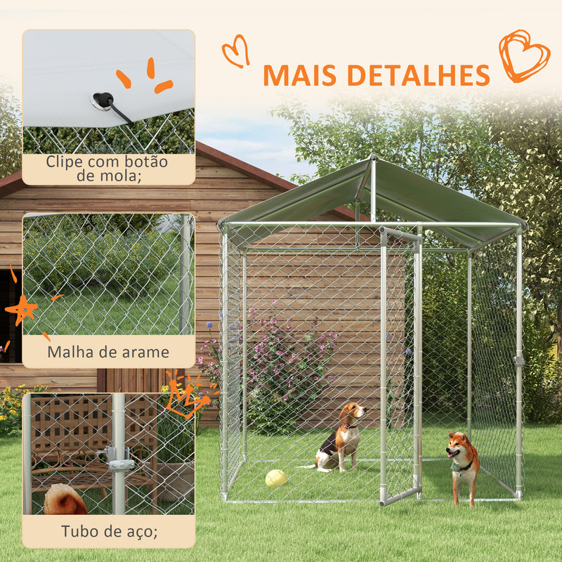 Canil de Exterior para Cães Médios Gaiola para Cães com Fechadura Estrutura de Aço Toldo Impermeável e Anti-UV 200x200x237 cm Prata