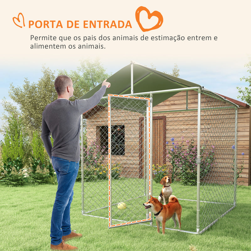 Canil de Exterior para Cães Médios Gaiola para Cães com Fechadura Estrutura de Aço Toldo Impermeável e Anti-UV 200x200x237 cm Prata