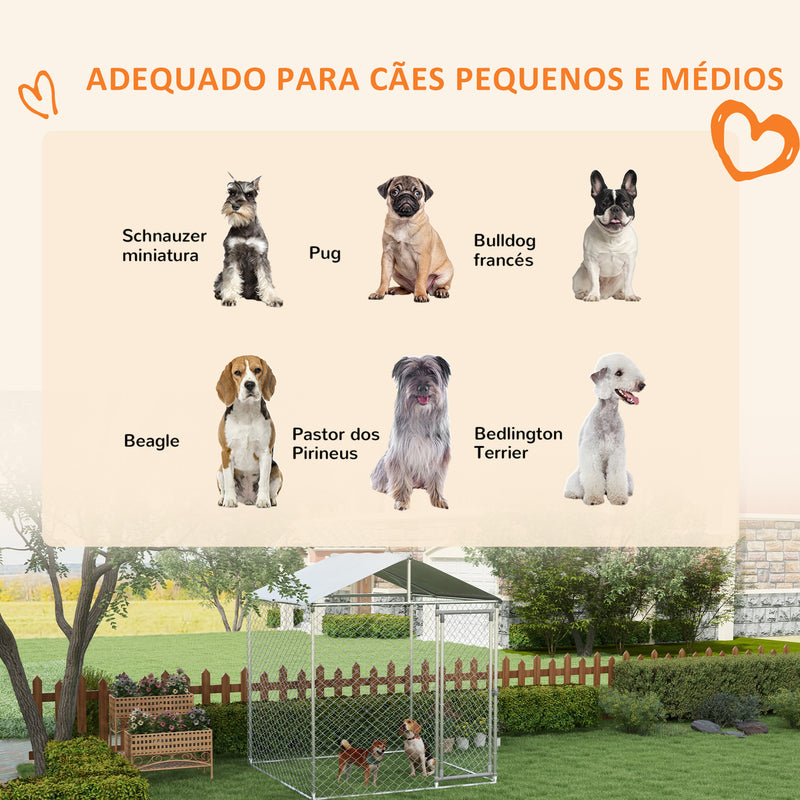 Canil de Exterior para Cães Médios Gaiola para Cães com Fechadura Estrutura de Aço Toldo Impermeável e Anti-UV 200x200x237 cm Prata