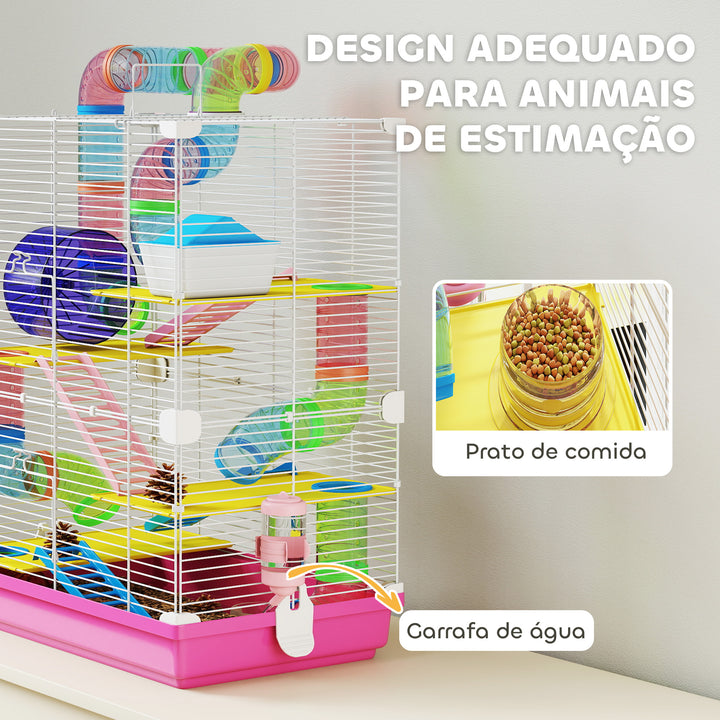 Jaula para Hamster de 5 Níveis, Casa para Roedores Pequenos com Túnel, Plataformas, Tigela, Bebedouro, Casinha, Rampas e Roda de Exercício, para Gerbos, 46x30x58 cm, Rosa