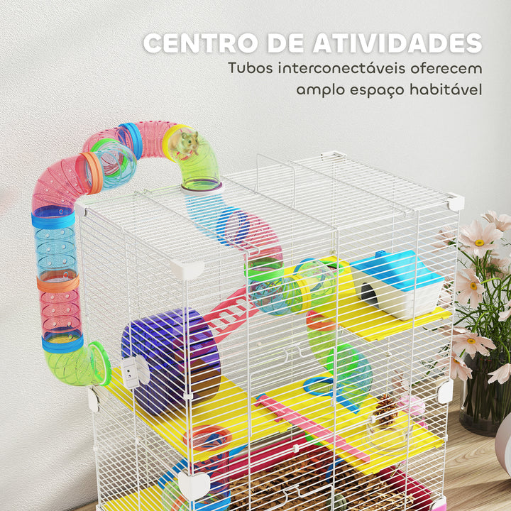 Jaula para Hamster de 5 Níveis, Casa para Roedores Pequenos com Túnel, Plataformas, Tigela, Bebedouro, Casinha, Rampas e Roda de Exercício, para Gerbos, 46x30x58 cm, Rosa