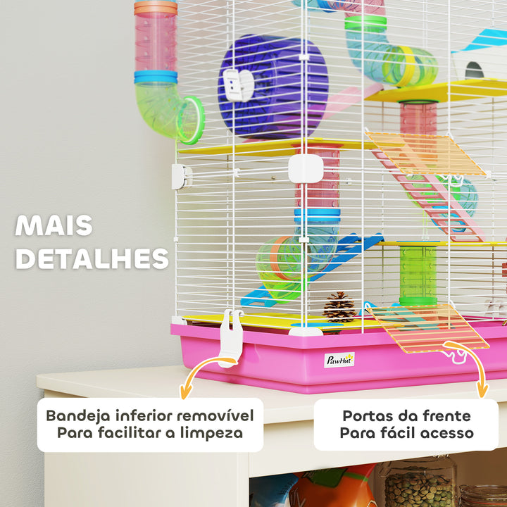 Jaula para Hamster de 5 Níveis, Casa para Roedores Pequenos com Túnel, Plataformas, Tigela, Bebedouro, Casinha, Rampas e Roda de Exercício, para Gerbos, 46x30x58 cm, Rosa