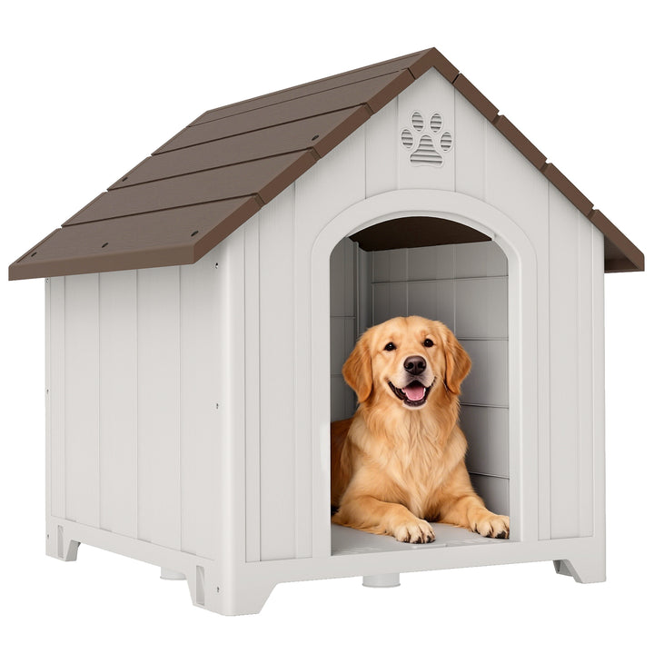 Casota para Cães de Exterior Casa para Cães Grandes de Plástico Impermeável com 2 Janelas Base Elevada Estacas Fácil de Montar 88x79x89 cm Castanho Escuro