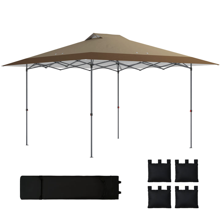 Tenda Dobrável Pop-up Gazebo 4x4 m com Bloqueio Central, UPF50+, Altura Ajustável, 4 Sacos de Areia e Bolsa de Transporte com Rodas, para Camping, Festas, Bege e Castanho