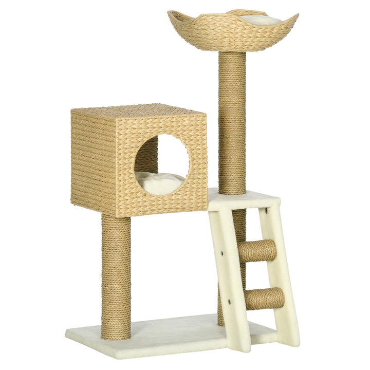 Arranhador para Gatos Médio Altura 100,5cm Arranhador para Gatos com Cama Superior Caverna 2 Almofadas 2 Postes Escada 57x37x100,5cm Bege
