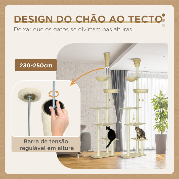 Arranhador para Gatos do Solo ao Teto de 230-250 cm Arranhador para Gatos com Altura Ajustável Múltiplas Plataformas Rede Bolas Suspensas Bege