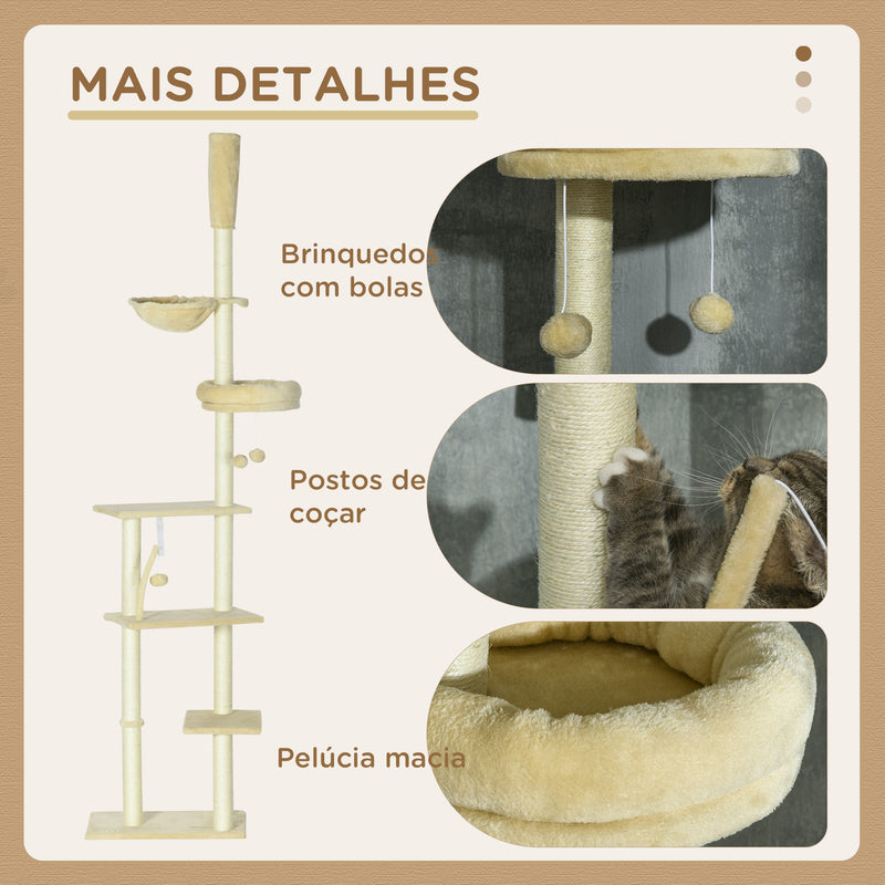 Arranhador para Gatos do Solo ao Teto de 230-250 cm Arranhador para Gatos com Altura Ajustável Múltiplas Plataformas Rede Bolas Suspensas Bege