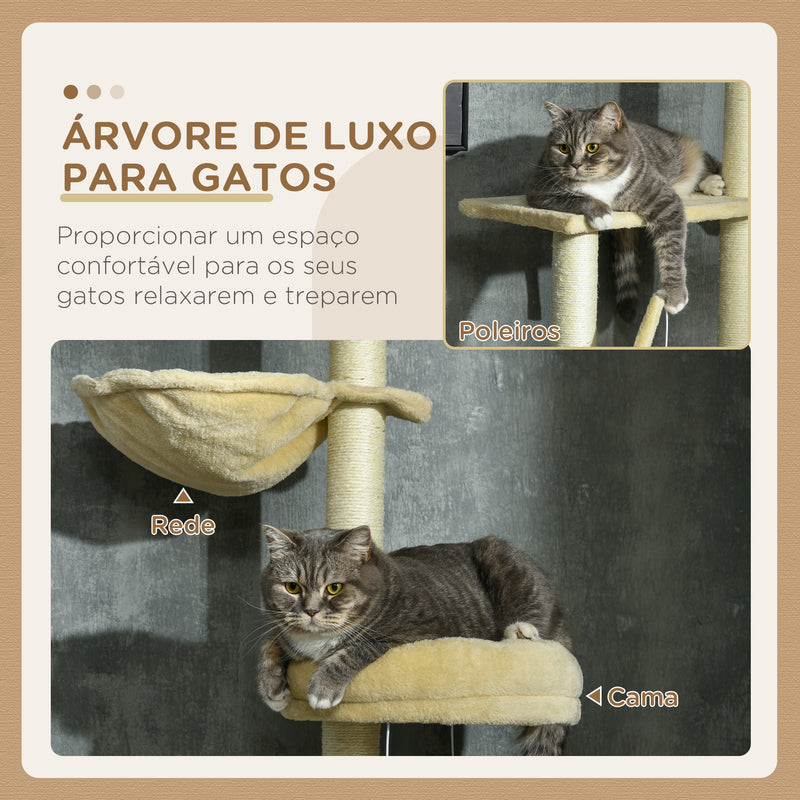 Arranhador para Gatos do Solo ao Teto de 230-250 cm Arranhador para Gatos com Altura Ajustável Múltiplas Plataformas Rede Bolas Suspensas Bege