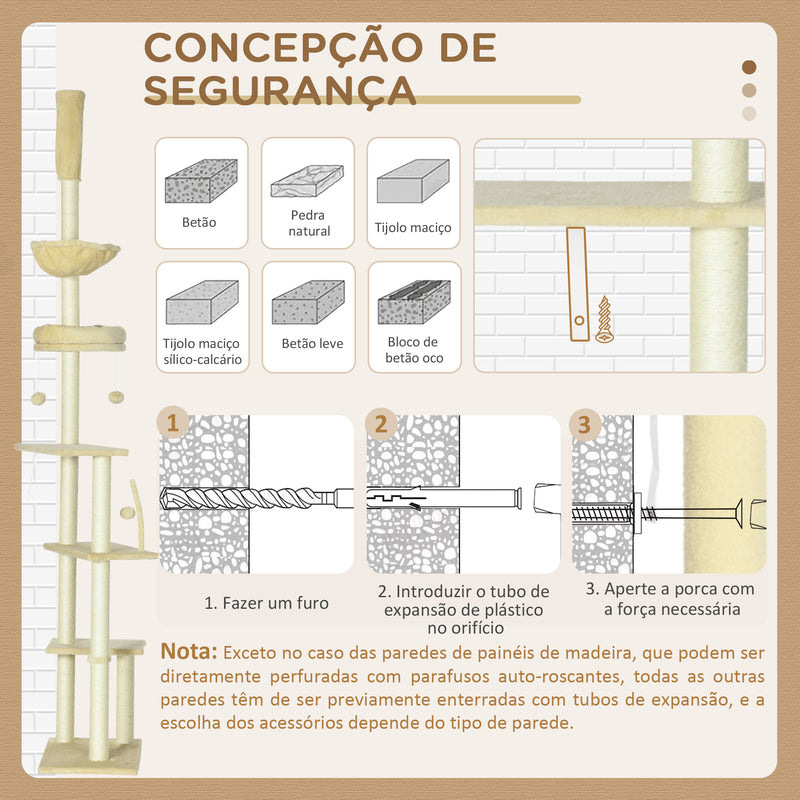 Arranhador para Gatos do Solo ao Teto de 230-250 cm Arranhador para Gatos com Altura Ajustável Múltiplas Plataformas Rede Bolas Suspensas Bege