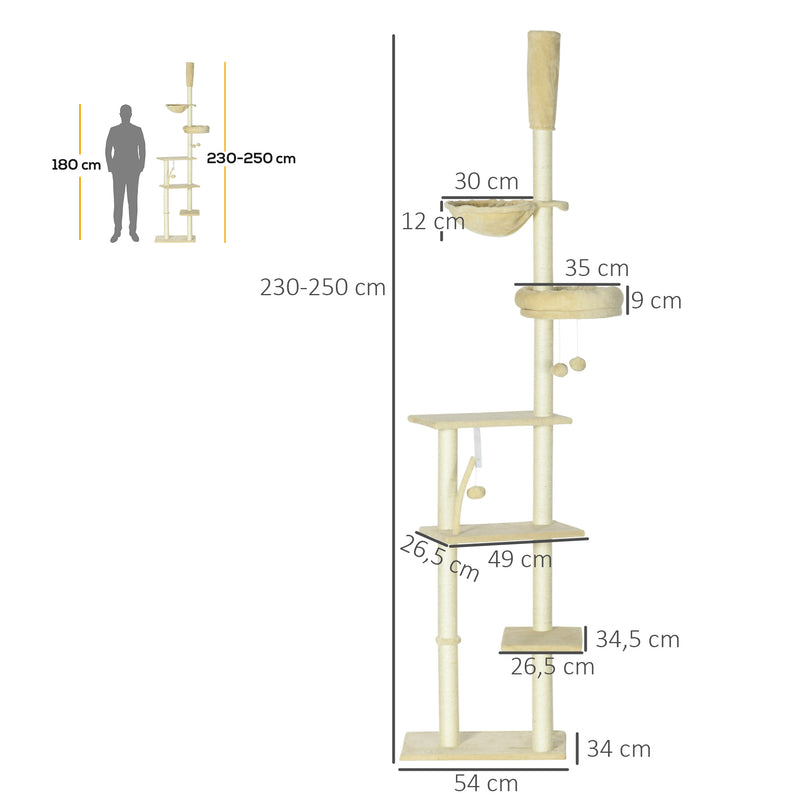 Arranhador para Gatos do Solo ao Teto de 230-250 cm Arranhador para Gatos com Altura Ajustável Múltiplas Plataformas Rede Bolas Suspensas Bege