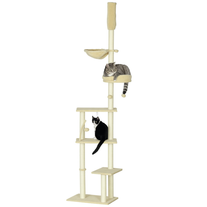 Arranhador para Gatos do Solo ao Teto de 230-250 cm Arranhador para Gatos com Altura Ajustável Múltiplas Plataformas Rede Bolas Suspensas Bege