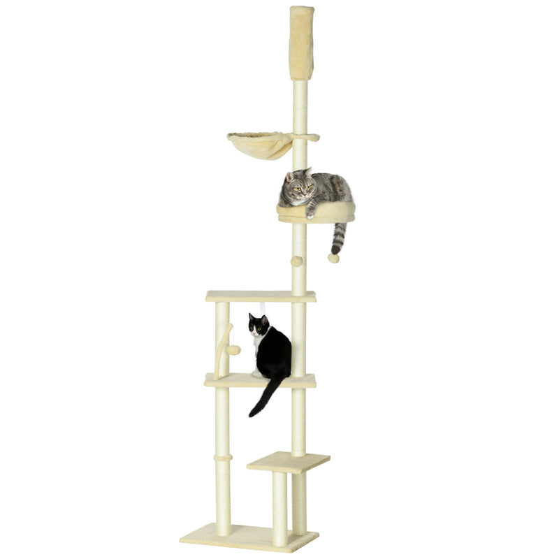 Arranhador para Gatos do Solo ao Teto de 230-250 cm Arranhador para Gatos com Altura Ajustável Múltiplas Plataformas Rede Bolas Suspensas Bege