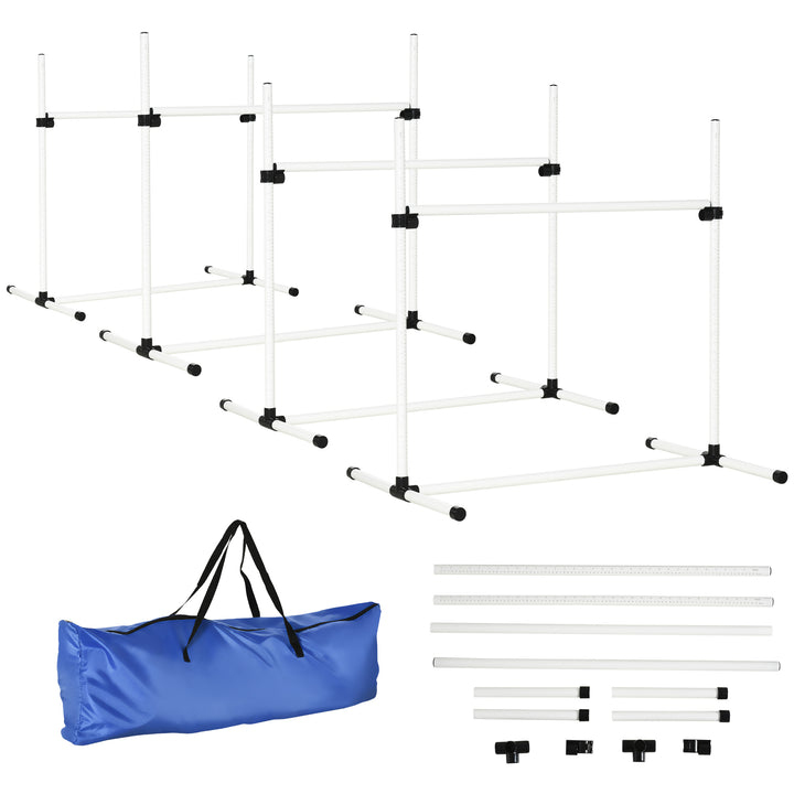 Conjunto de Treinamento de Agilidade para Cães Animais de Estimação 4 Peças Obstáculos de Salto com Altura Ajustável e Bolsa de Transporte para Exteriores 95x65x95cm Branco