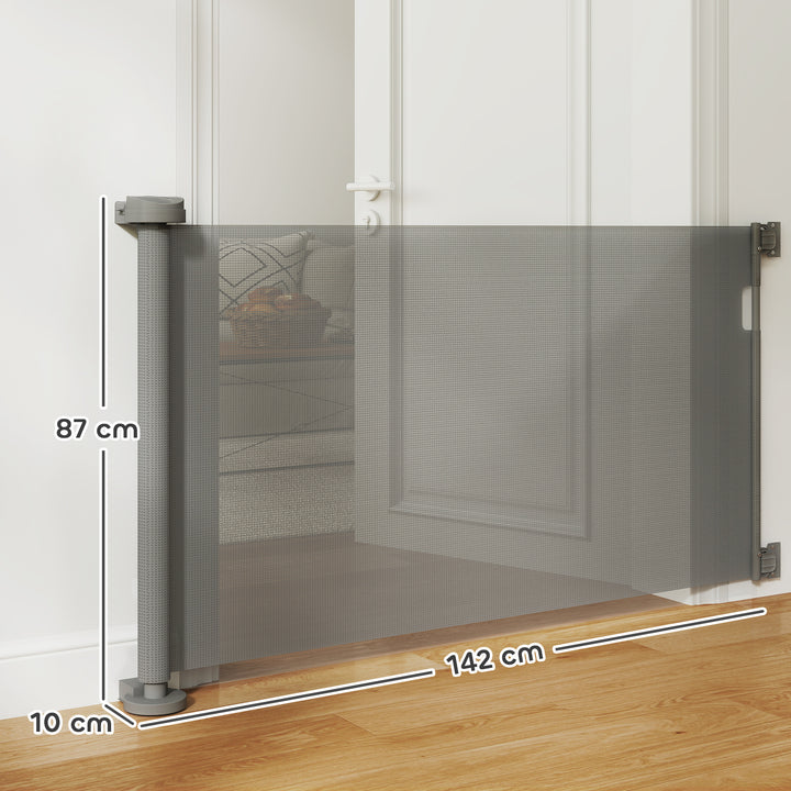 Barreira de Segurança para Cães Retrátil 0-136 cm Barreira para Cães Pequenos Extensível com Botão de Fecho Porta de Segurança para Corredores Escadas Interiores e Exteriores Cinzento