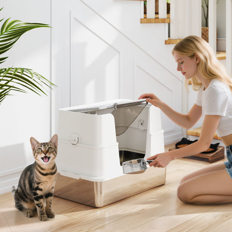 Caixa de Areia para Gatos de Aço Inoxidável XL Caixa de Areia para Gatos Grandes com Tampa Abatível Entradas Altas, Pá sem Odores Fácil de Limpar Antifugas Cinza Claro