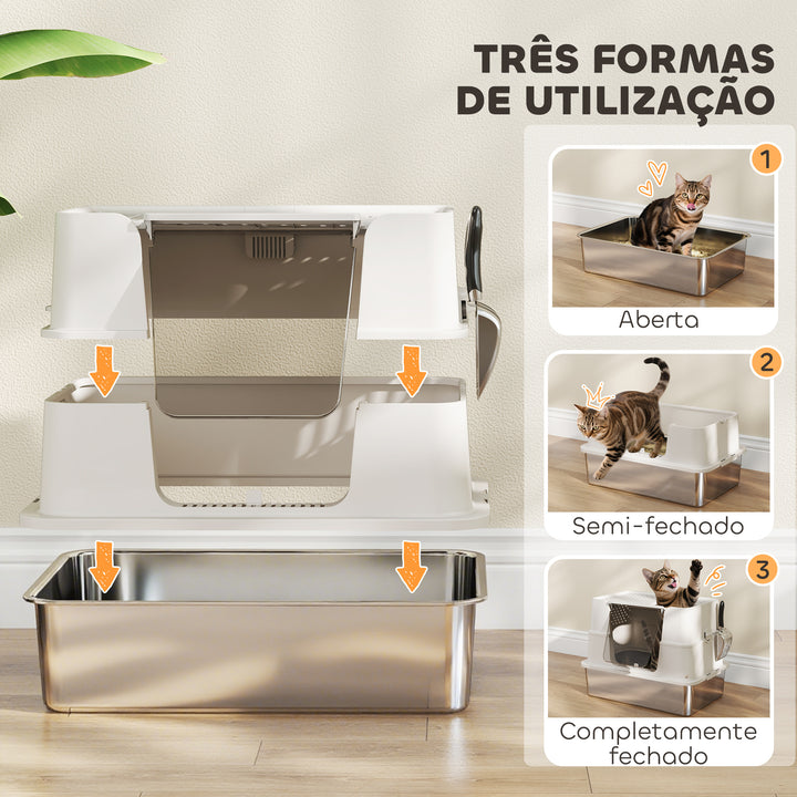 Caixa de Areia para Gatos de Aço Inoxidável XL Caixa de Areia para Gatos Grandes com Tampa Abatível Entradas Altas, Pá sem Odores Fácil de Limpar Antifugas Cinza Claro