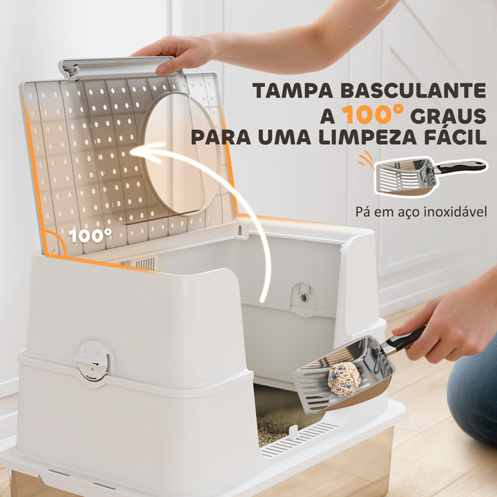 Caixa de Areia para Gatos de Aço Inoxidável XL Caixa de Areia para Gatos Grandes com Tampa Abatível Entradas Altas, Pá sem Odores Fácil de Limpar Antifugas Cinza Claro