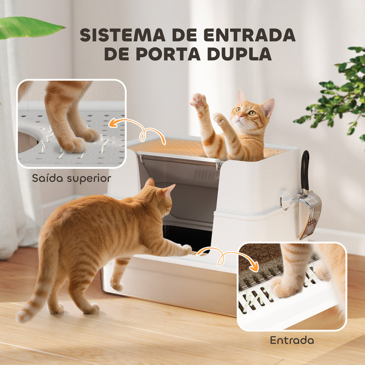 Caixa de Areia para Gatos de Aço Inoxidável XL Caixa de Areia para Gatos Grandes com Tampa Abatível Entradas Altas, Pá sem Odores Fácil de Limpar Antifugas Cinza Claro