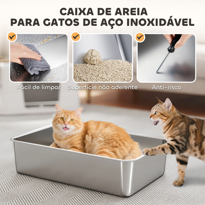 Caixa de Areia para Gatos de Aço Inoxidável XL Caixa de Areia para Gatos Grandes com Tampa Abatível Entradas Altas, Pá sem Odores Fácil de Limpar Antifugas Cinza Claro