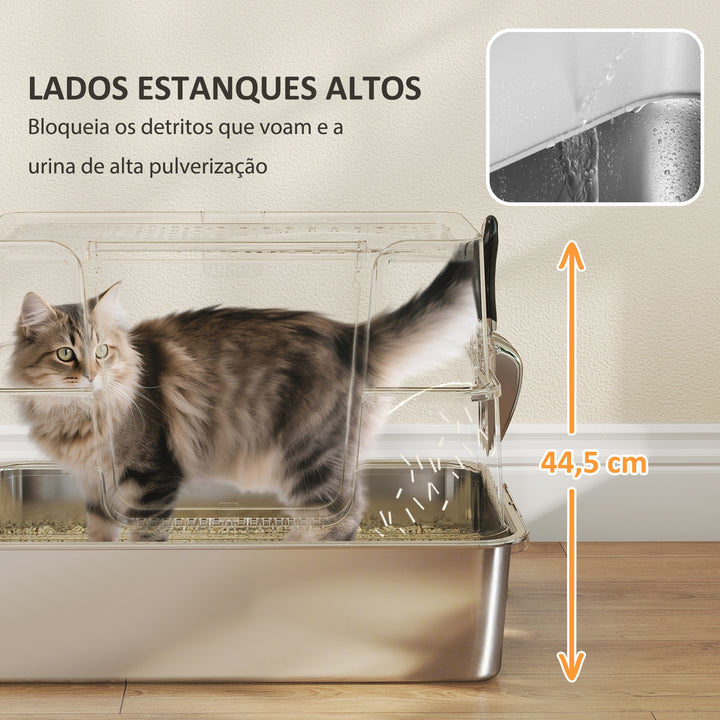 Caixa de Areia para Gatos de Aço Inoxidável XL Caixa de Areia para Gatos Grandes com Tampa Abatível Entradas Altas, Pá sem Odores Fácil de Limpar Antifugas Cinza Claro
