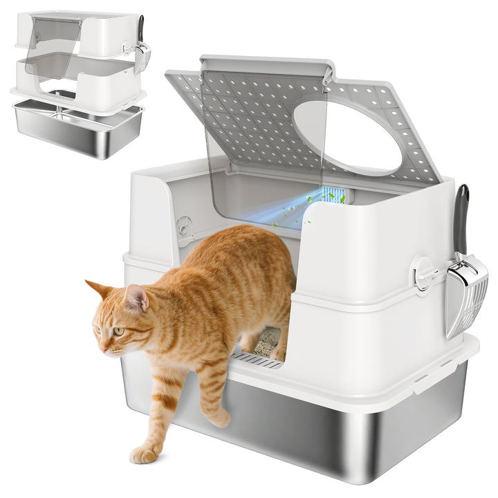 Caixa de Areia para Gatos de Aço Inoxidável XL Caixa de Areia para Gatos Grandes com Tampa Abatível Entradas Altas, Pá sem Odores Fácil de Limpar Antifugas Cinza Claro