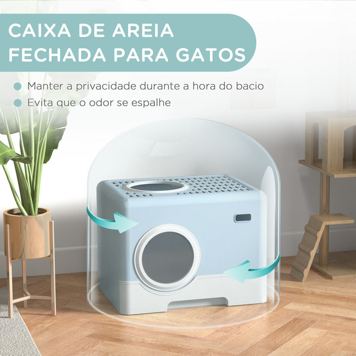 Caixa de Areia para Gatos Sanita para Animais de Estimação com Pá Bandeja Removível 2 Portas Entrada Frontal e Saída Superior 52x41x38,5 cm Azul Claro