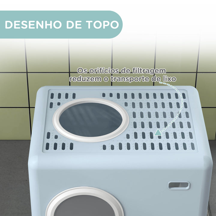Caixa de Areia para Gatos Sanita para Animais de Estimação com Pá Bandeja Removível 2 Portas Entrada Frontal e Saída Superior 52x41x38,5 cm Azul Claro